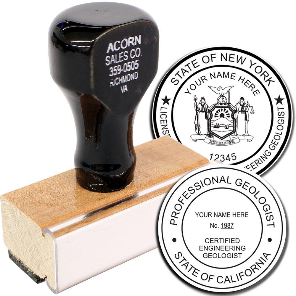 Professional geologist license stamp with New York and California state seal imprint design.