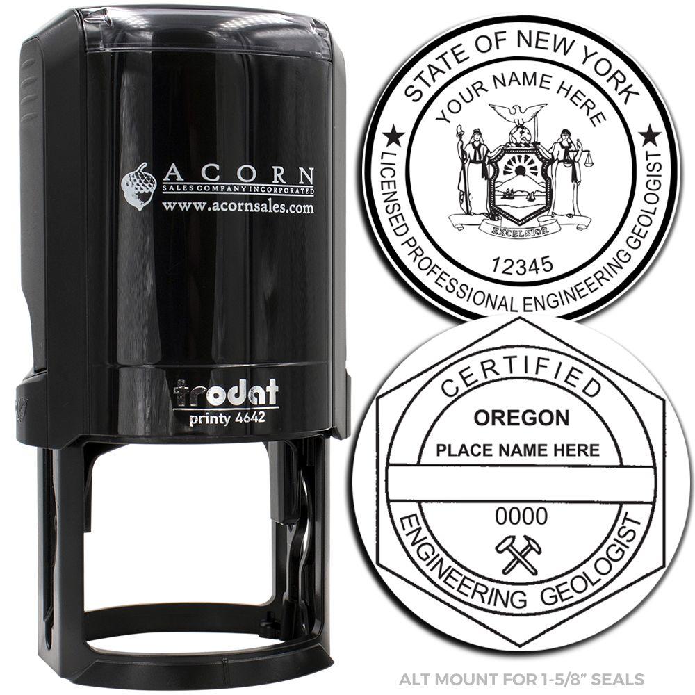 Self-inking seal mount for 1-5/8 inch professional engineering geologist seals, shown with New York and Oregon custom seal examples.