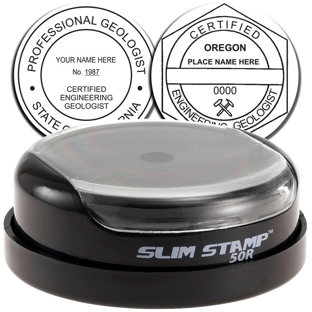 Slim Stamp 50R self-inking professional geologist and engineering geologist certification stamp with custom Oregon and California seal designs