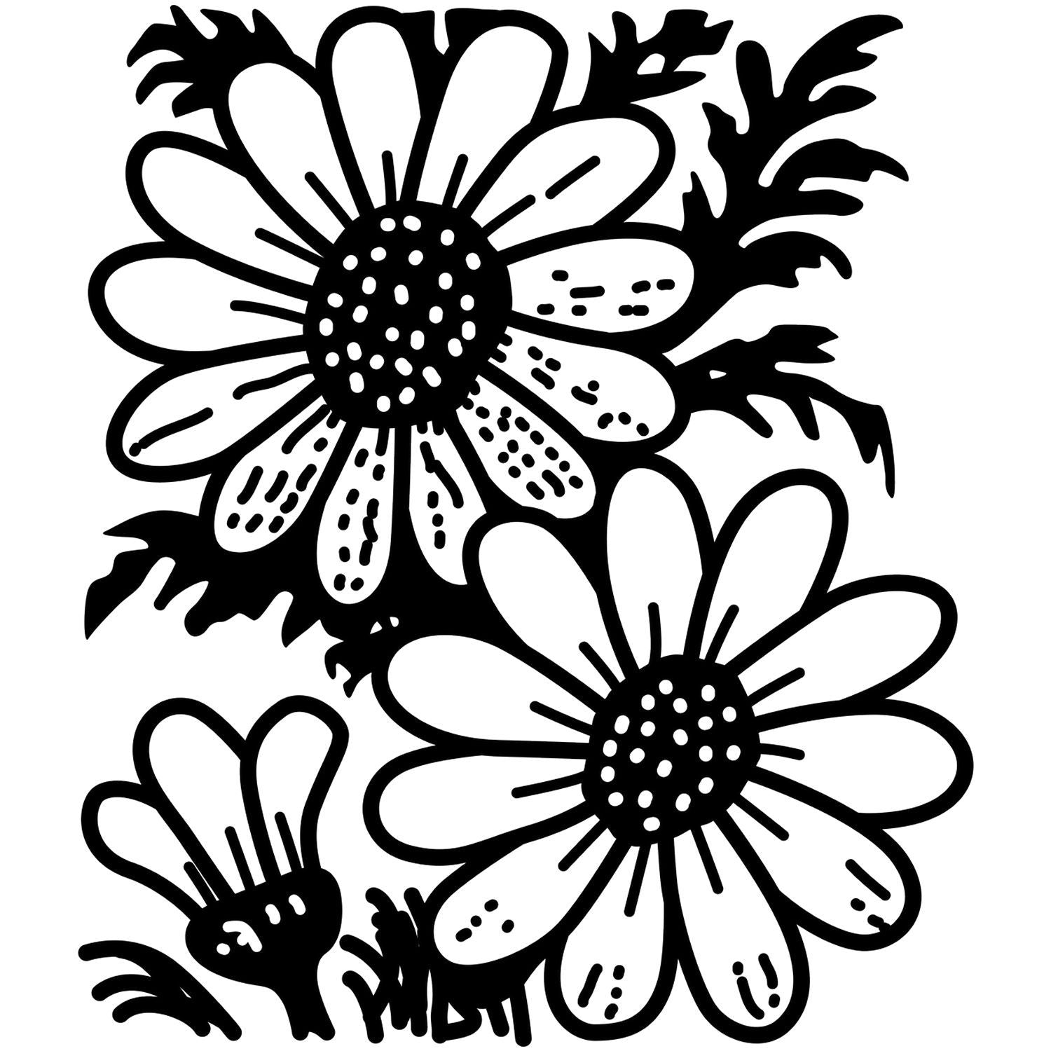 Black and white floral illustration of three decorative daisies with bold hand-drawn petals and leaves.