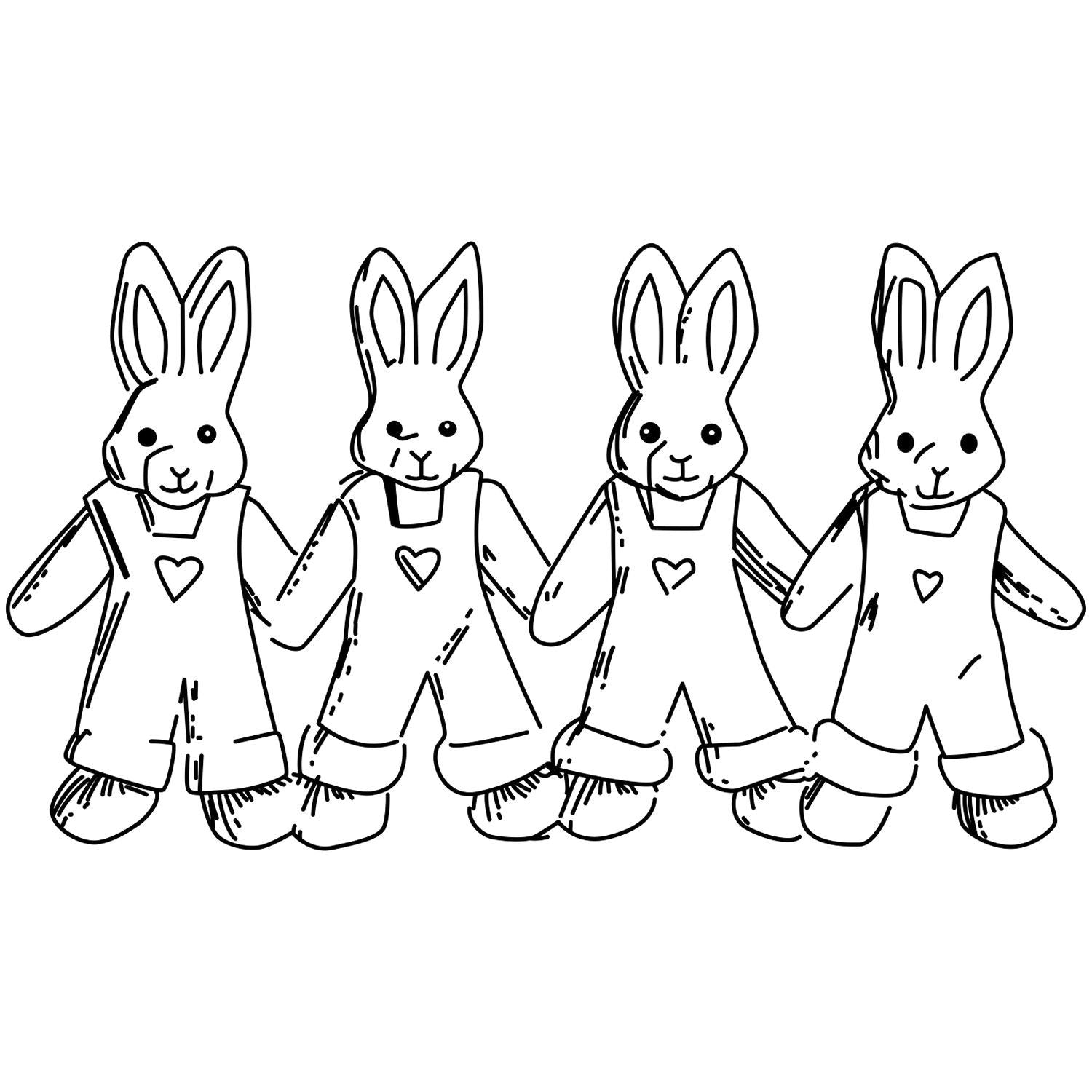 Black and white line art of four cute bunny rabbits wearing overalls with heart designs, isolated on a white background.