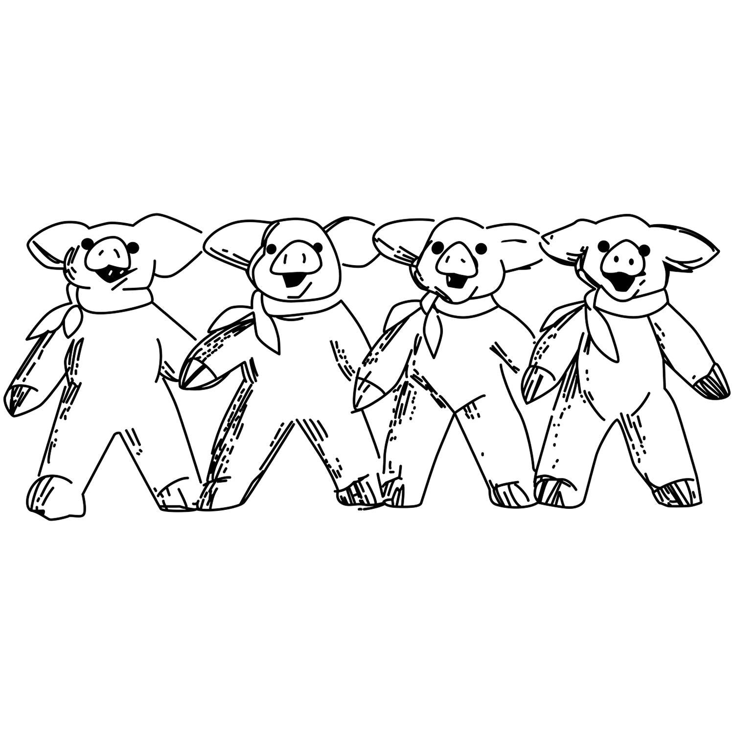 Black and white cartoon teddy bear coloring page featuring four cute plush bears wearing scarves in a playful line drawing.