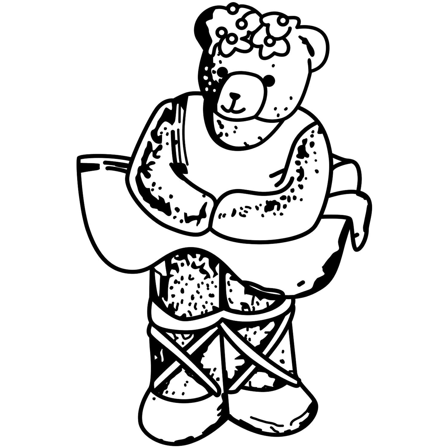 Cute black and white teddy bear illustration with flower crown, dress, and boots, ideal for coloring page or nursery decor.