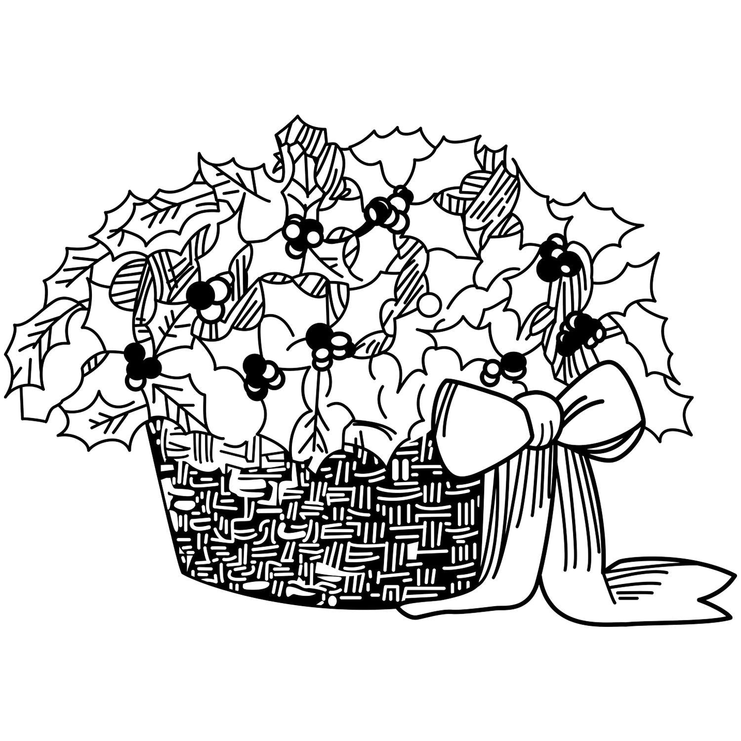 Black and white Christmas holly basket with festive berries, ribbon bow, and holiday floral clipart.