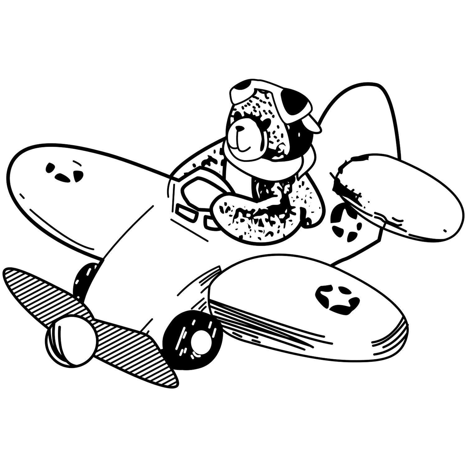 Cute black and white cartoon dog riding in an airplane, line art coloring page.
