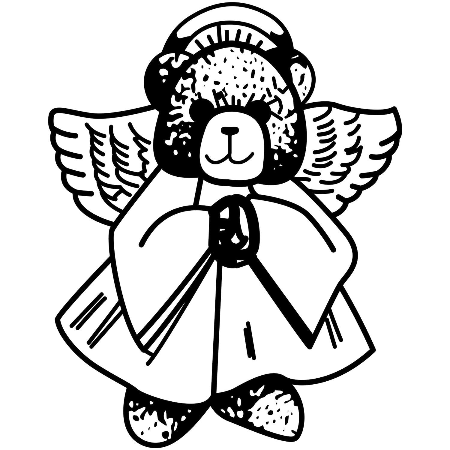 Cute black and white teddy bear angel illustration with wings and halo, cartoon clipart style.