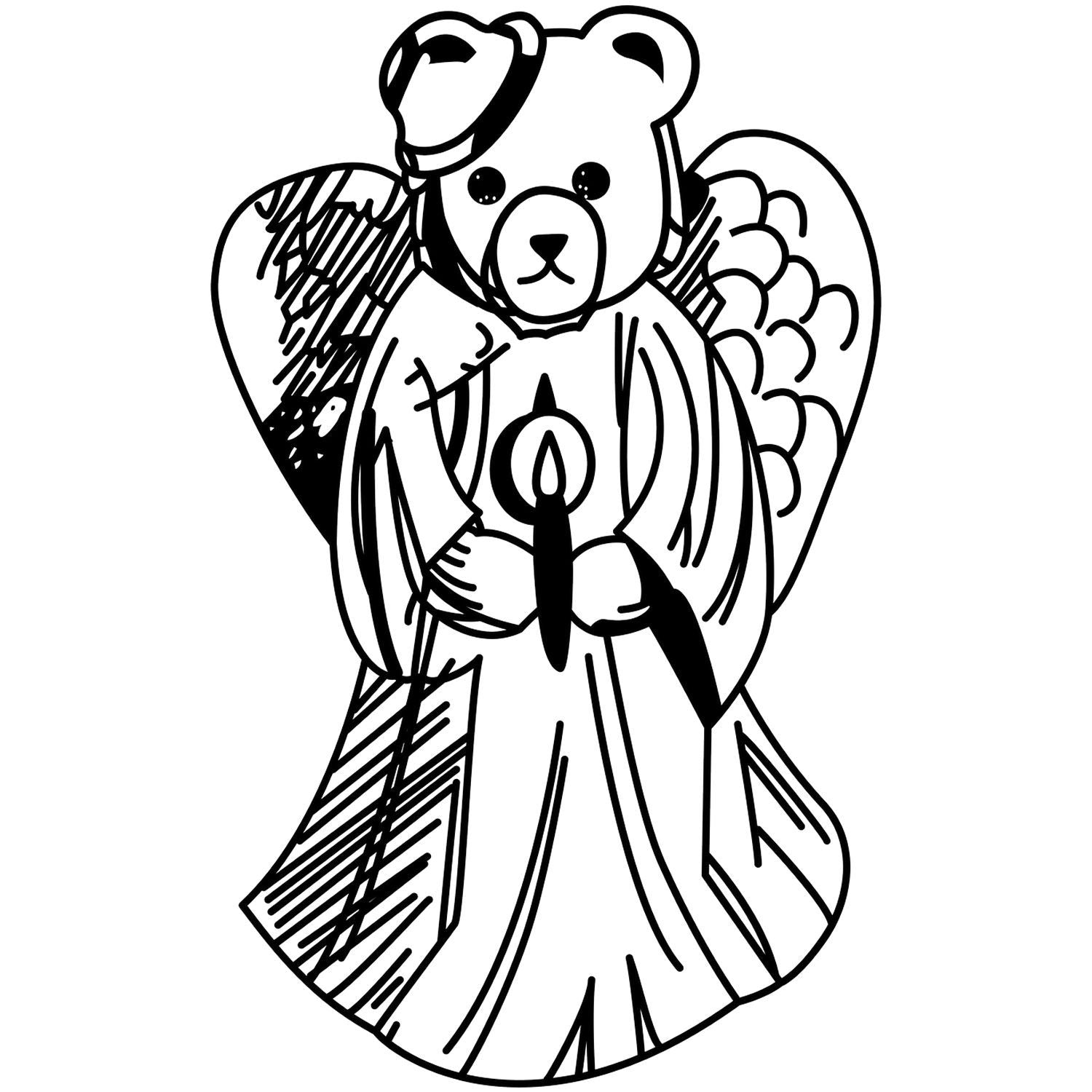 Cute teddy bear angel coloring page with wings and a candle, black and white line art illustration