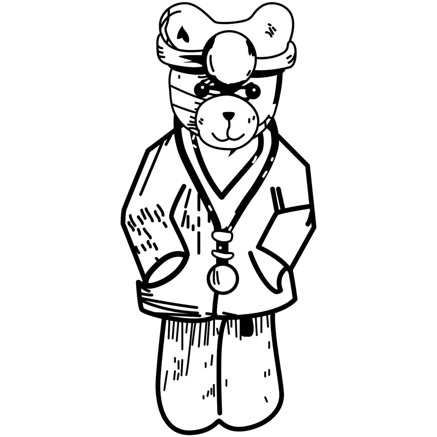 Black and white cute teddy bear line art wearing a bathrobe and towel turban, cozy spa-style illustration.