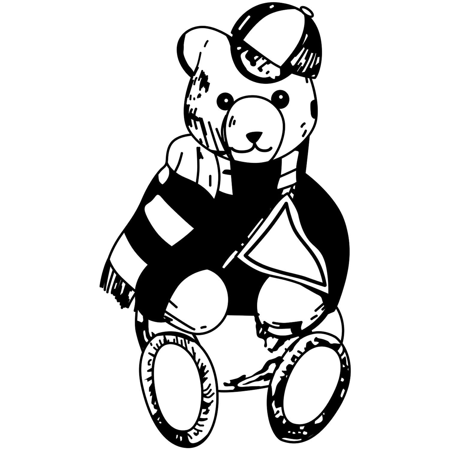 Black and white teddy bear illustration wearing a cap and scarf, cute hand-drawn cartoon bear clipart.
