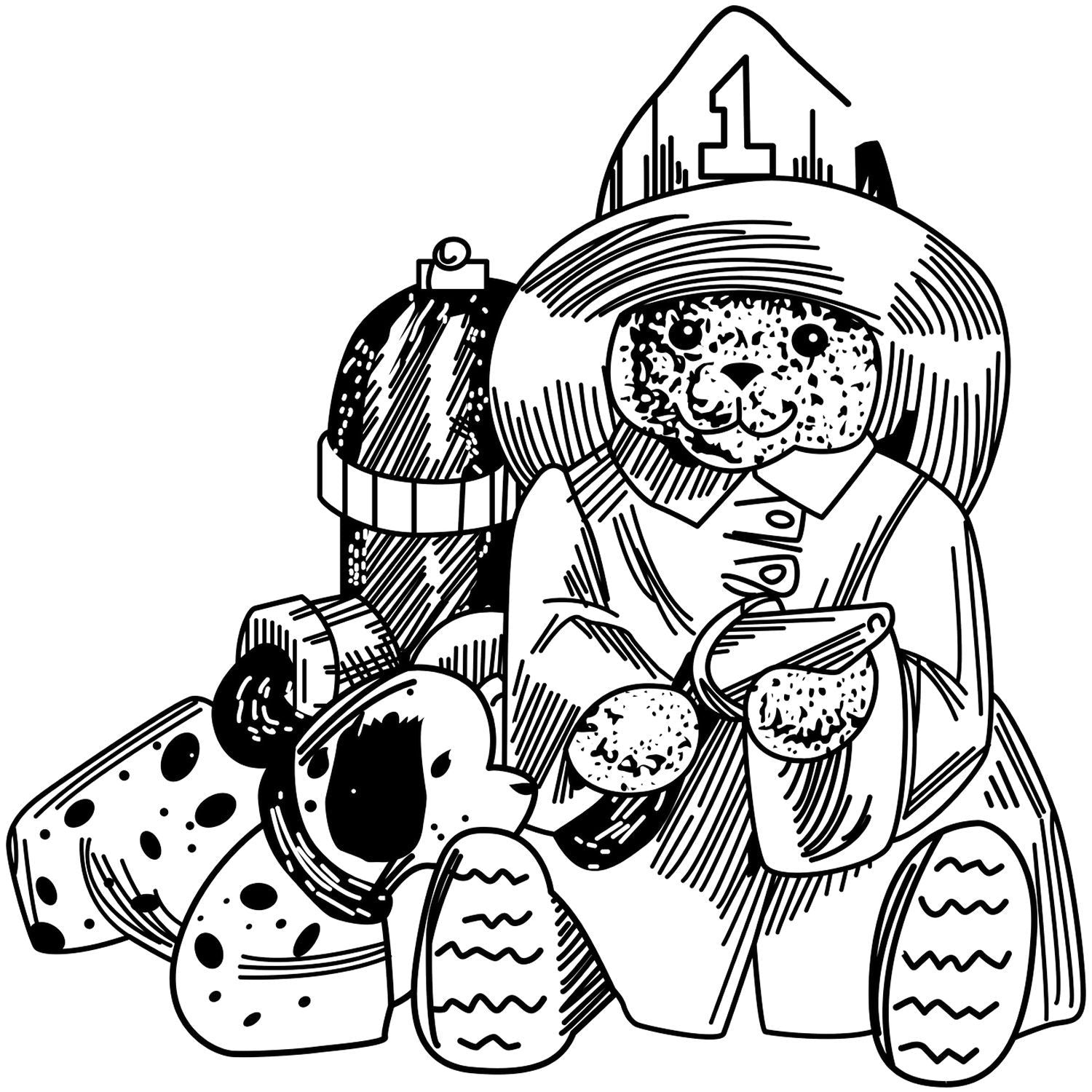 Black and white line art of a cute dog wearing a winter hat, coat, and boots, sitting with a backpack.