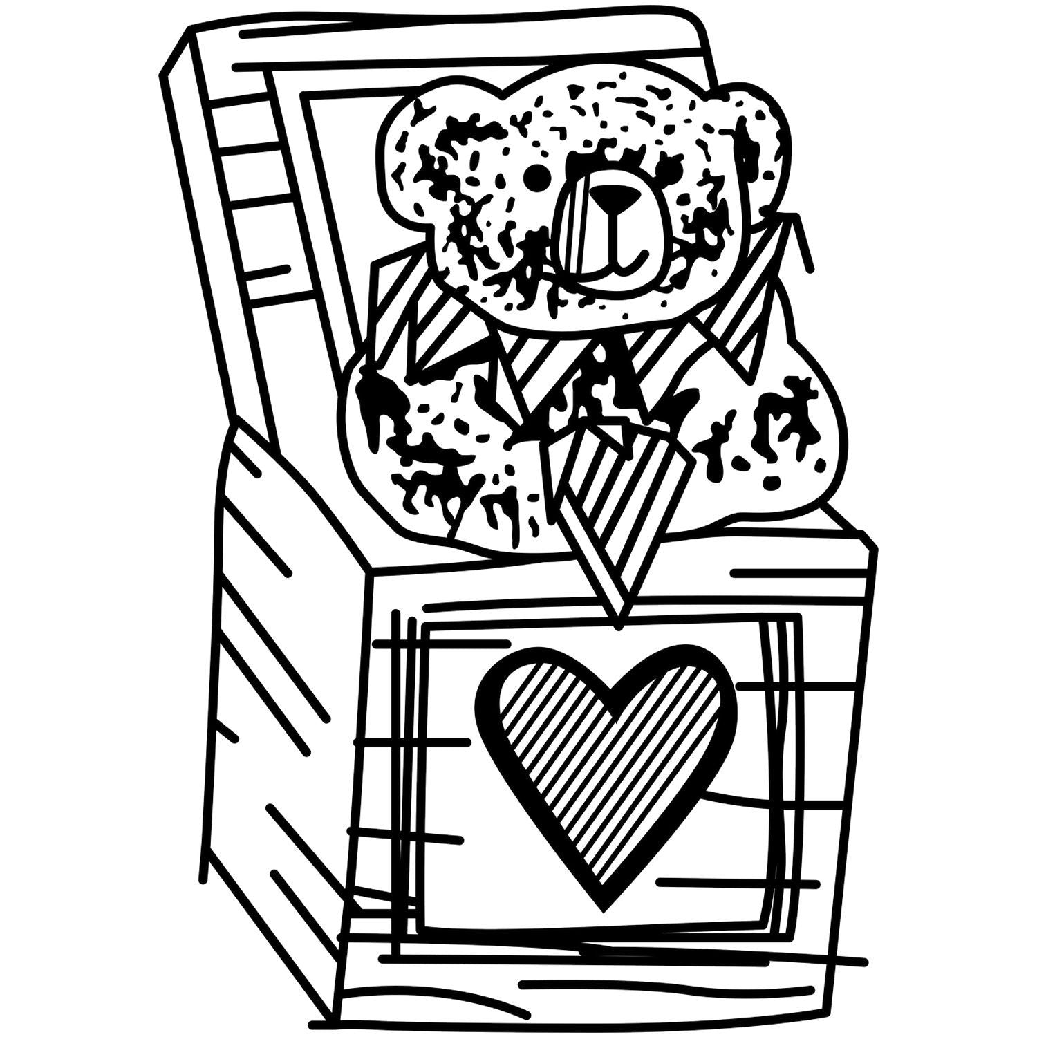 Black and white teddy bear coloring page illustration sitting in a striped chair with a heart design.