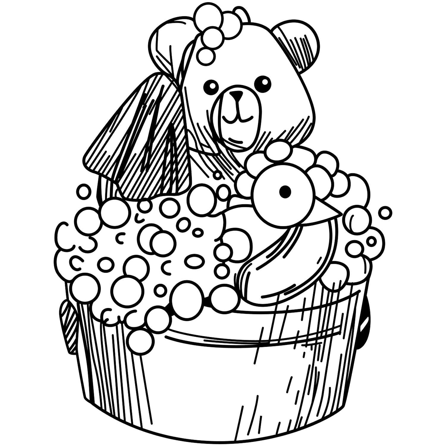 Cute teddy bear cupcake coloring page with black and white outline art and decorative frosting bubbles.