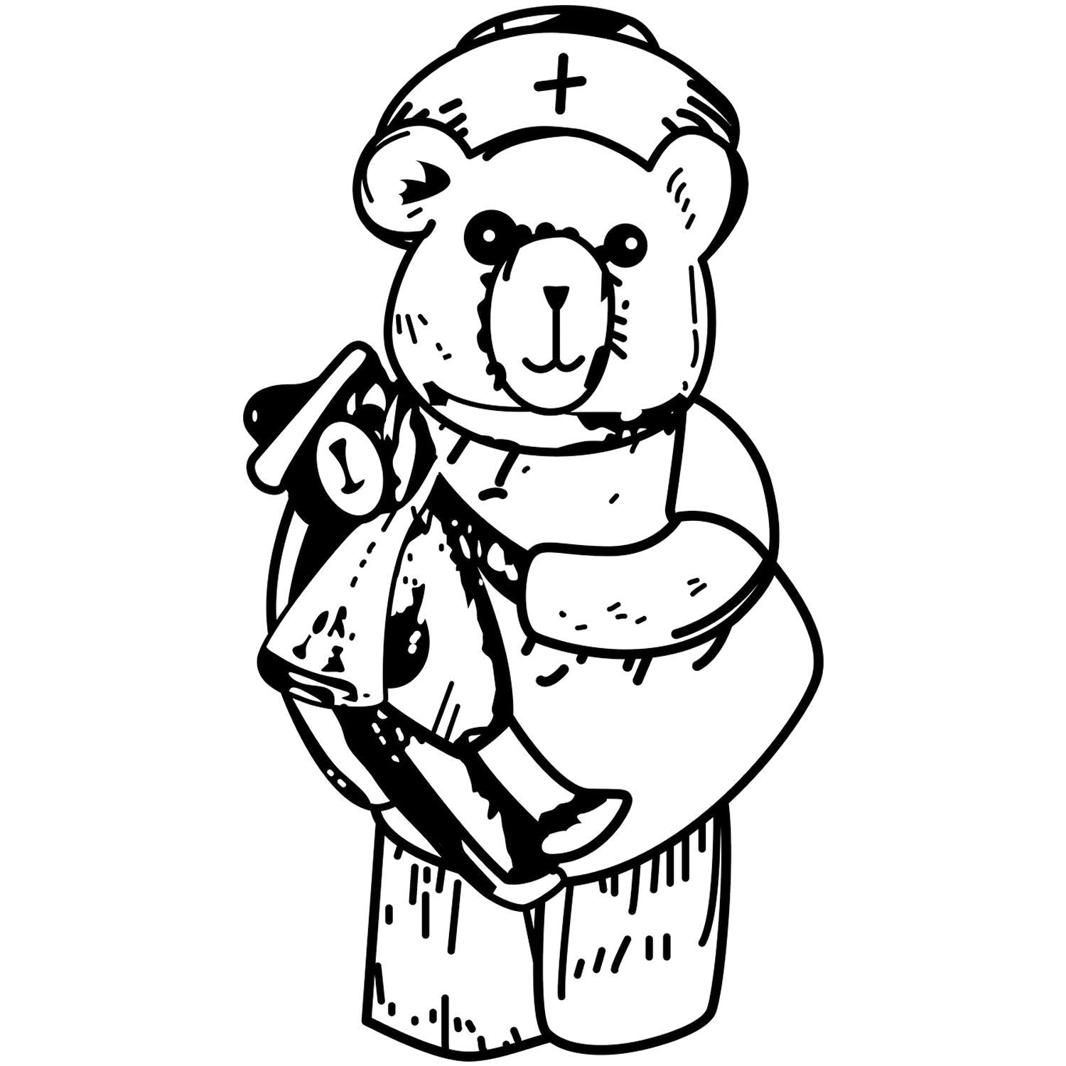 Cute black and white teddy bear nurse illustration holding a toy, with a medical cross cap and cartoon style.
