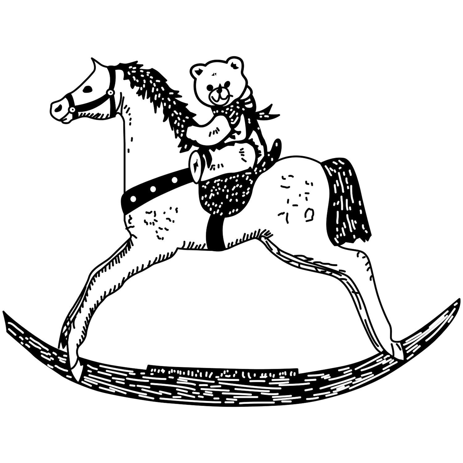 Black and white illustration of a teddy bear riding a rocking horse, vintage kids toy drawing.