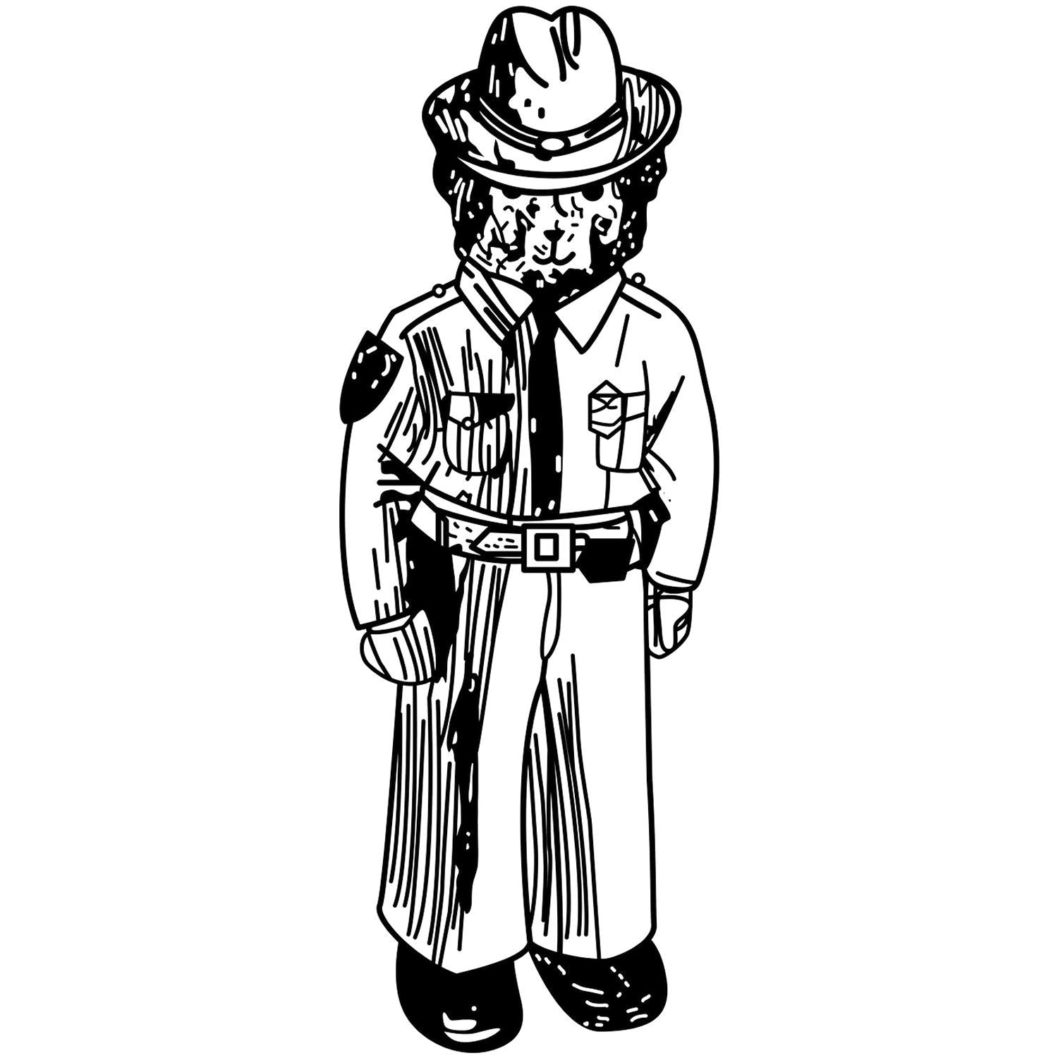Black and white line art of a cartoon police dog in uniform wearing a hat, badge, and belt.