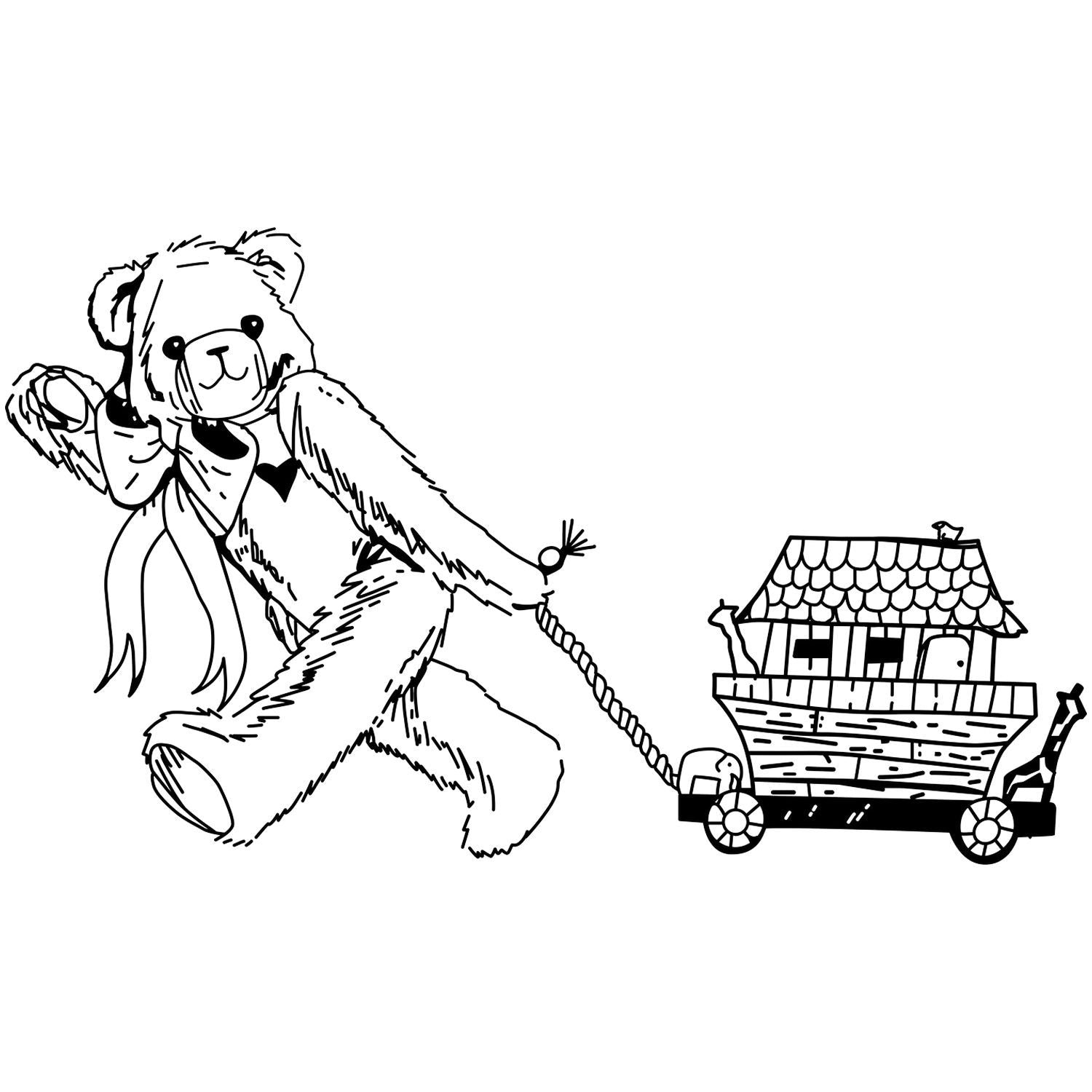 Cute teddy bear pulling a toy house wagon, black and white coloring page illustration