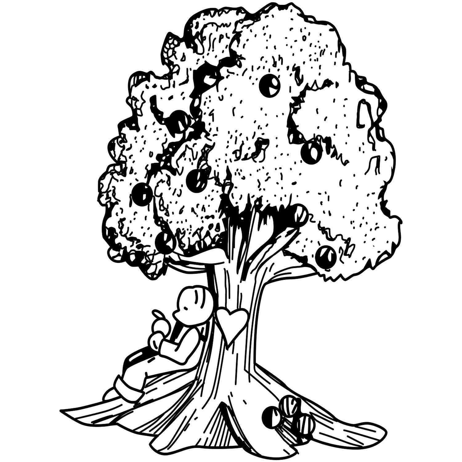 Black and white cartoon illustration of a person sitting under a fruit tree, relaxing against the trunk.