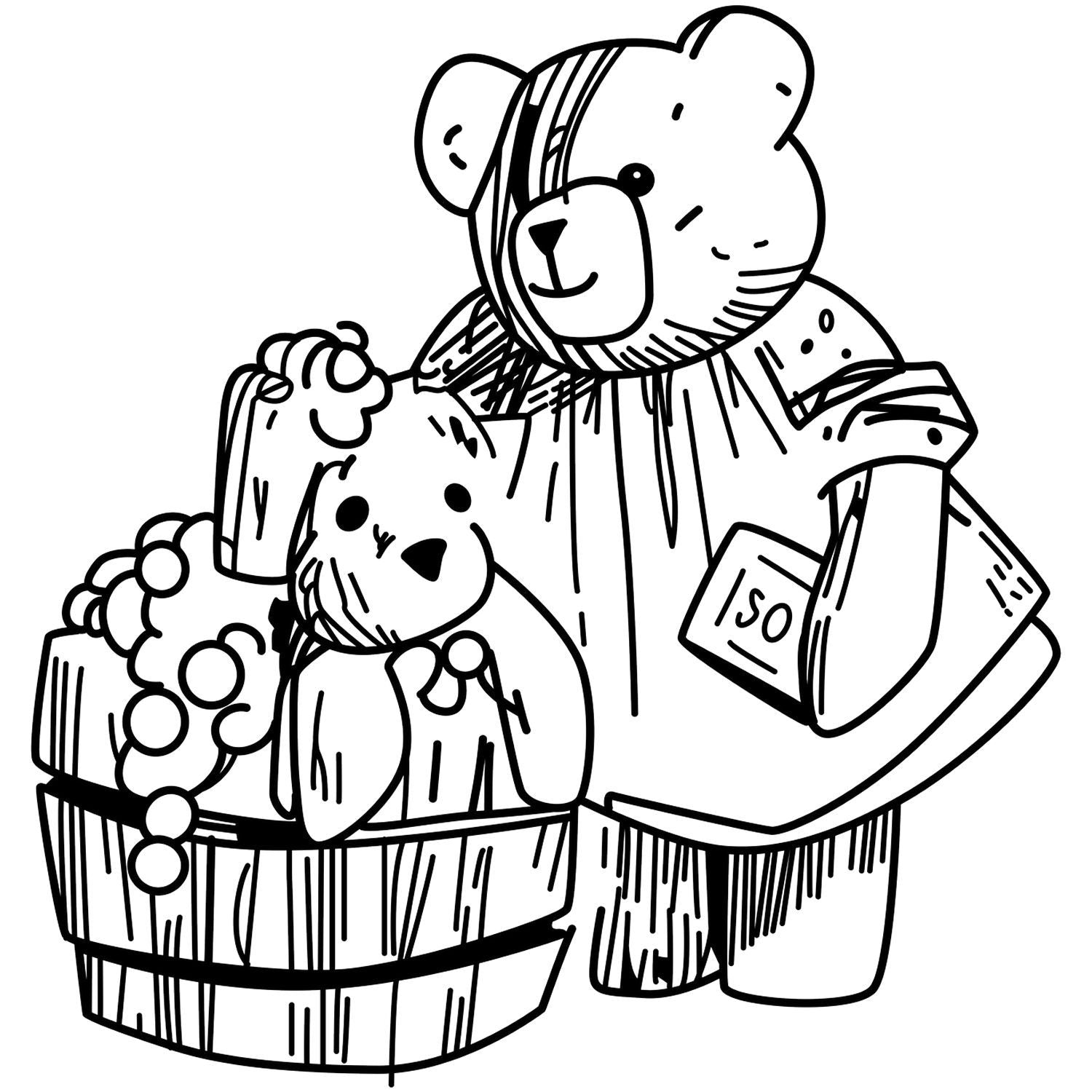 Cute black and white teddy bears in a wooden toy box, kids coloring page illustration.
