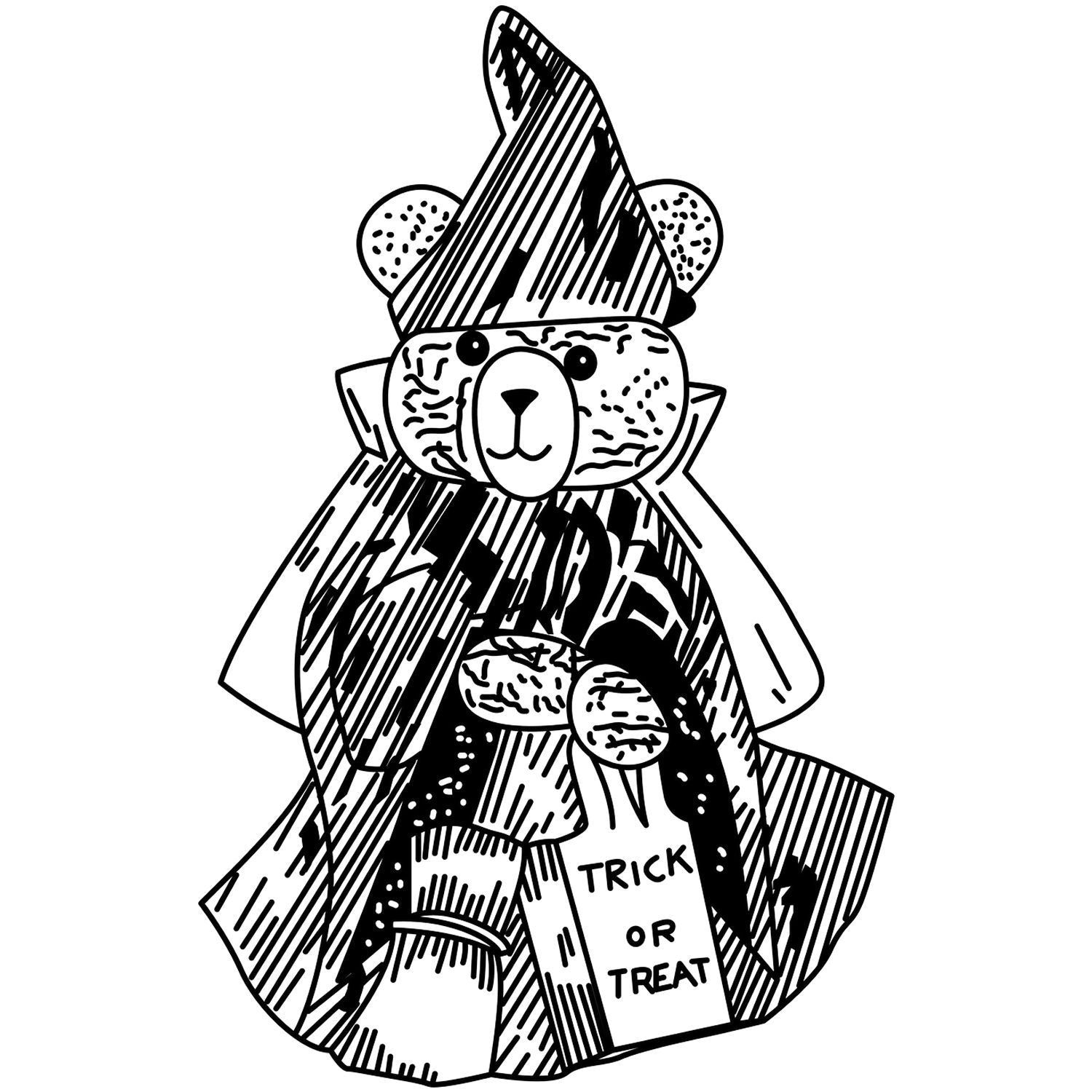 Black and white teddy bear in a wizard costume holding a Trick or Treat bag, cute Halloween clipart illustration.