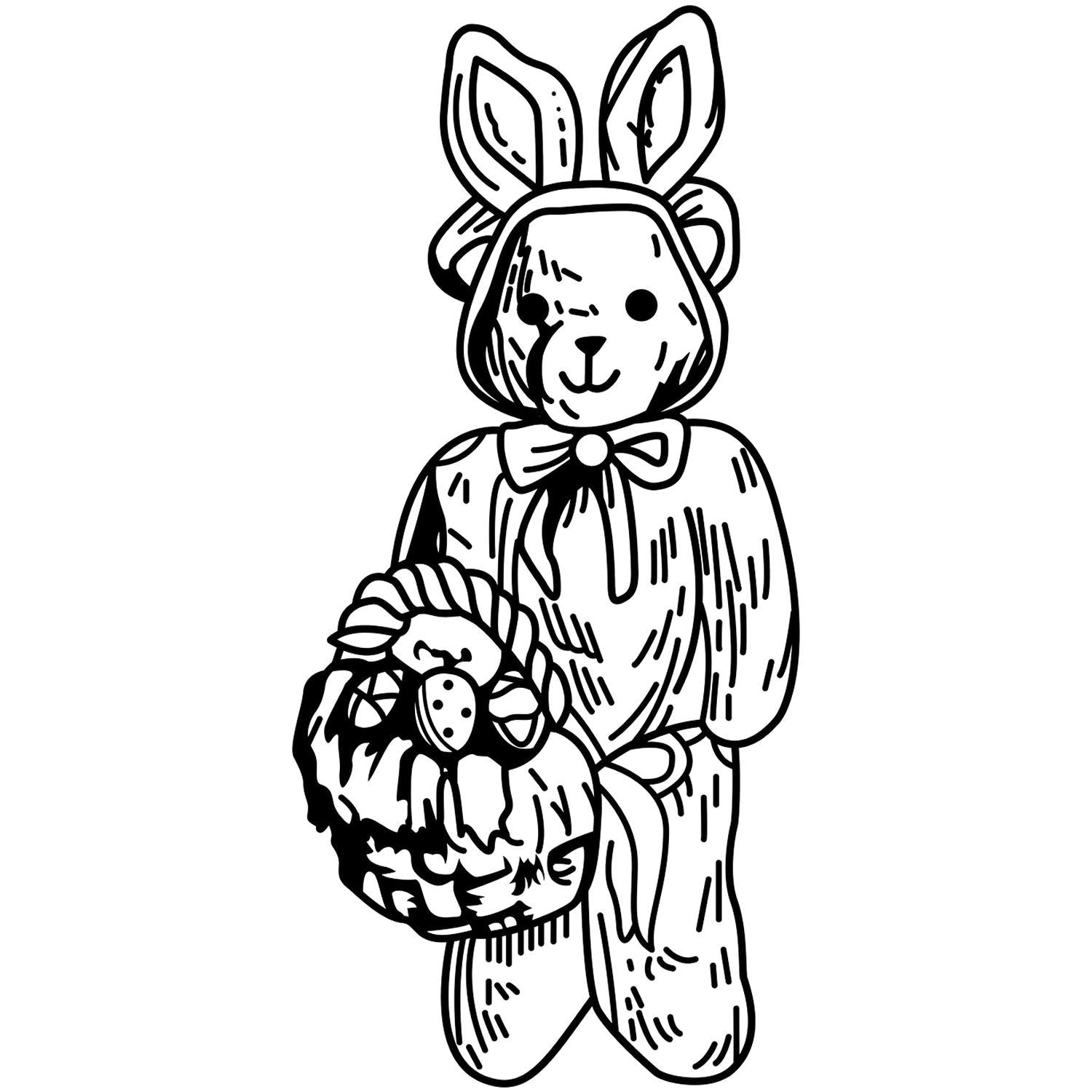 Cute black and white teddy bear in bunny costume holding a Halloween pumpkin candy bucket, cartoon coloring page illustration.