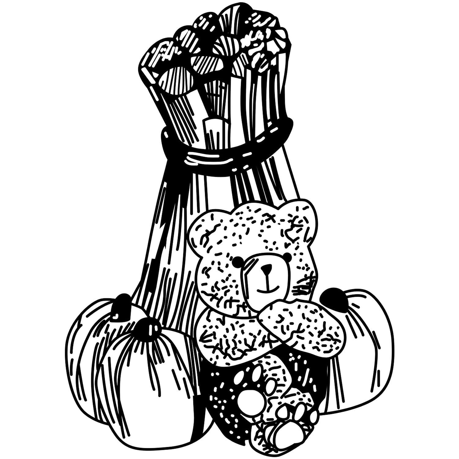 Black and white teddy bear with pumpkins and floral arrangement, cute autumn coloring page illustration.