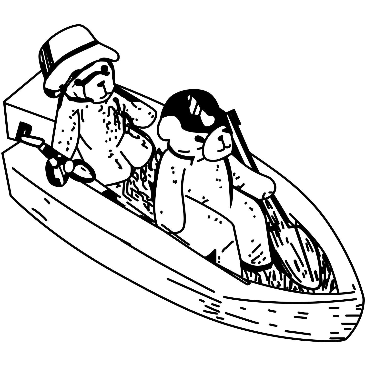 Black and white cartoon of two teddy bears sitting in a wooden boat, cute hand-drawn line art illustration