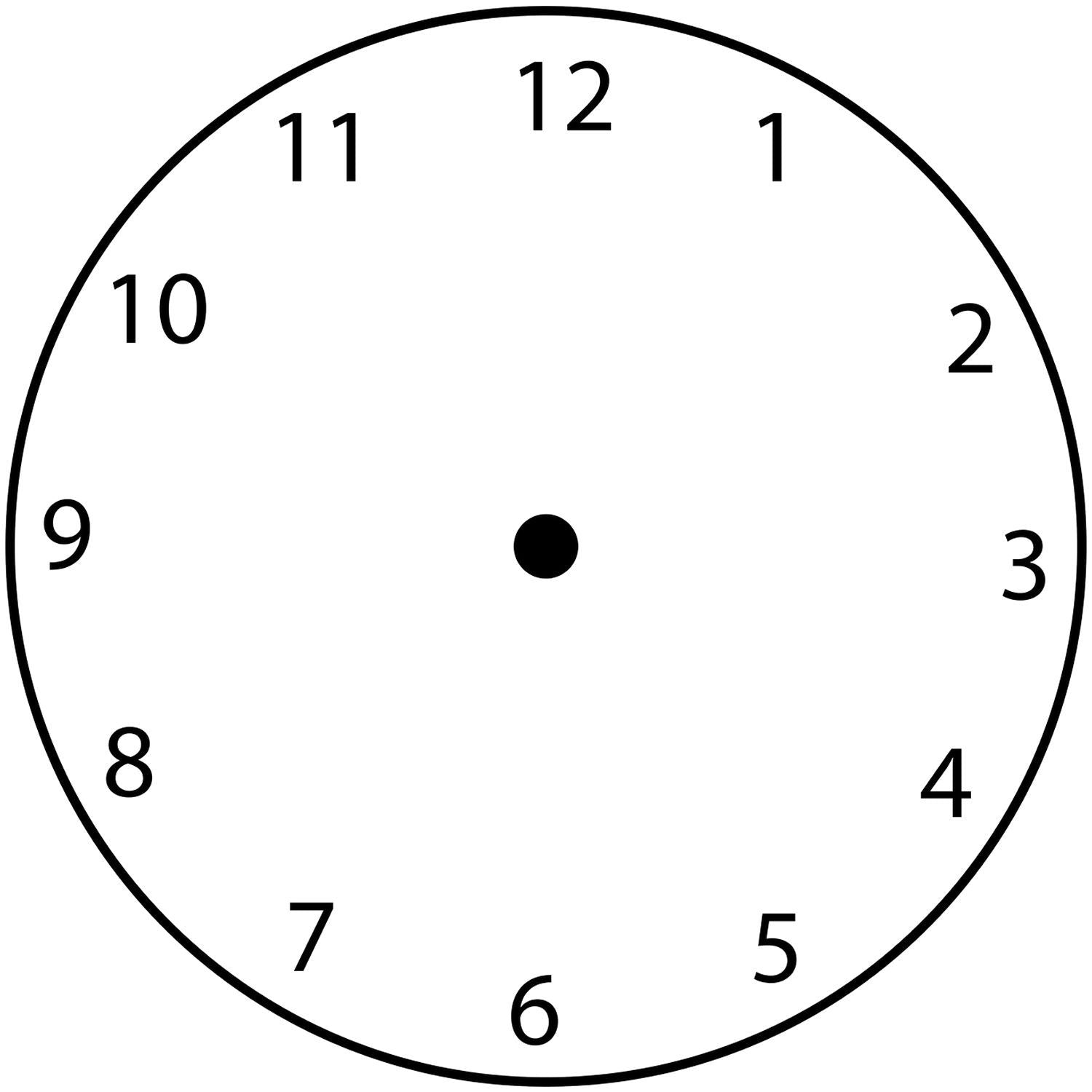 Printable blank analog clock face with numbers 1 to 12 and center dot, black and white educational time-telling template.