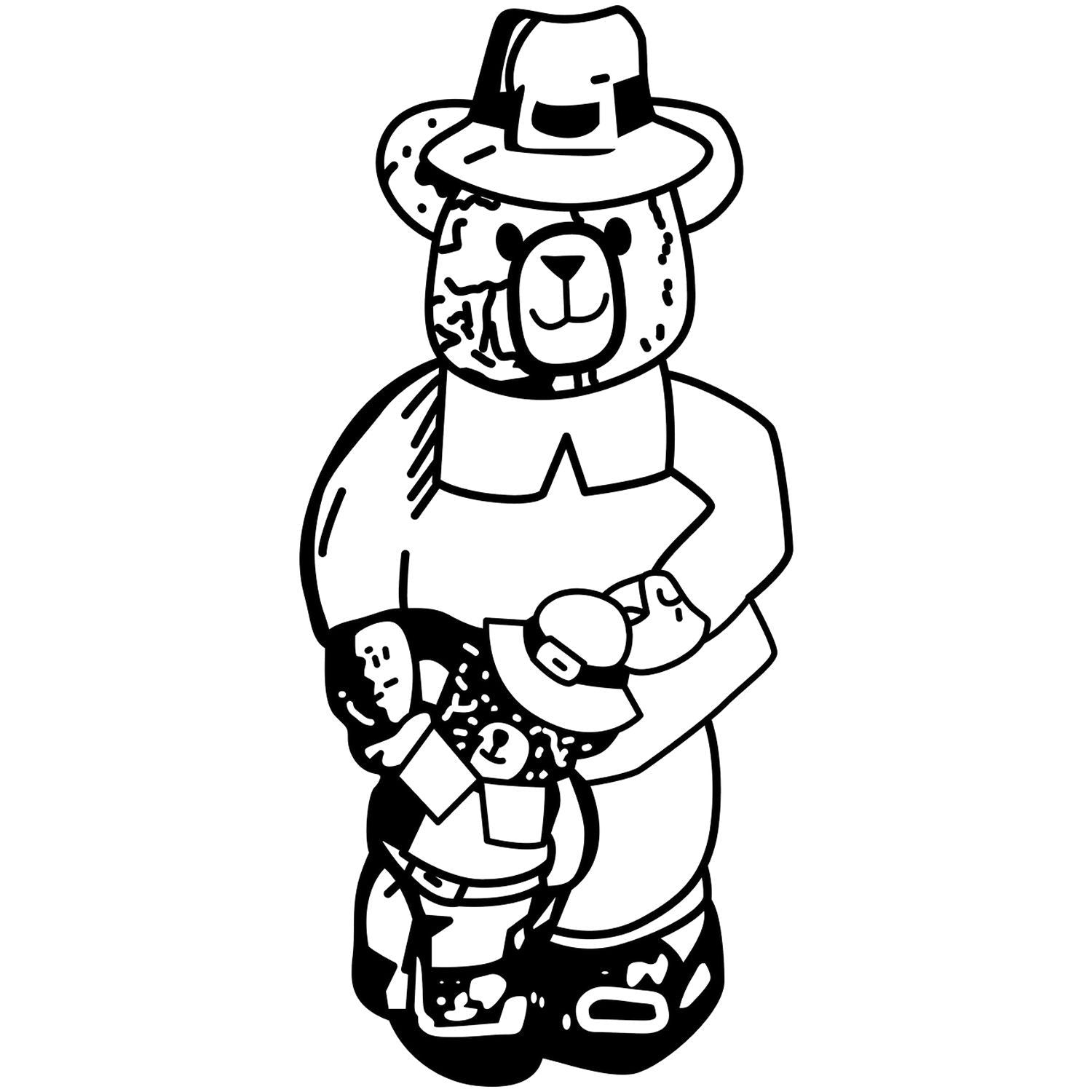 Black and white cartoon bear illustration wearing a hat and holding a small teddy bear, cute outline art on white background