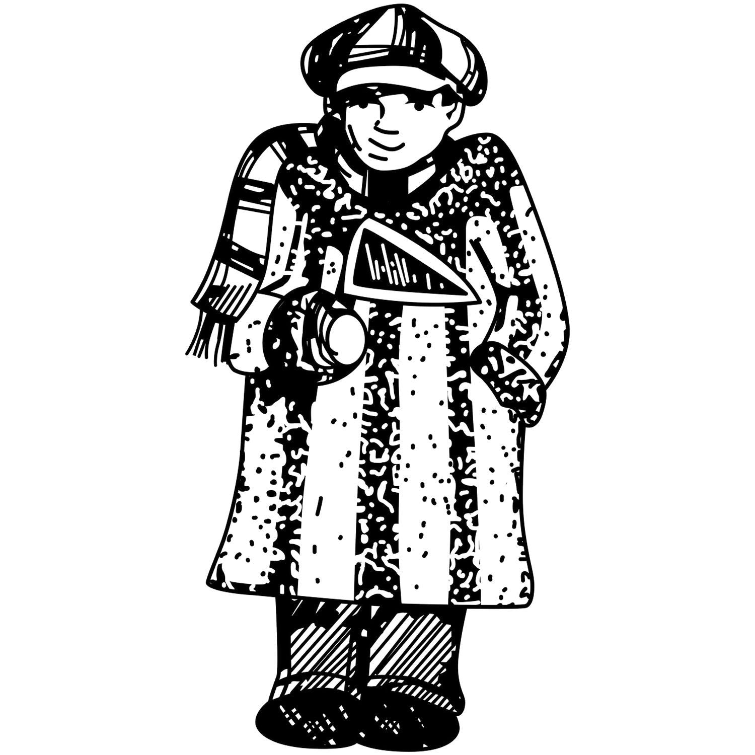 Black and white illustration of a child in traditional folk costume with hat, scarf, and striped coat.