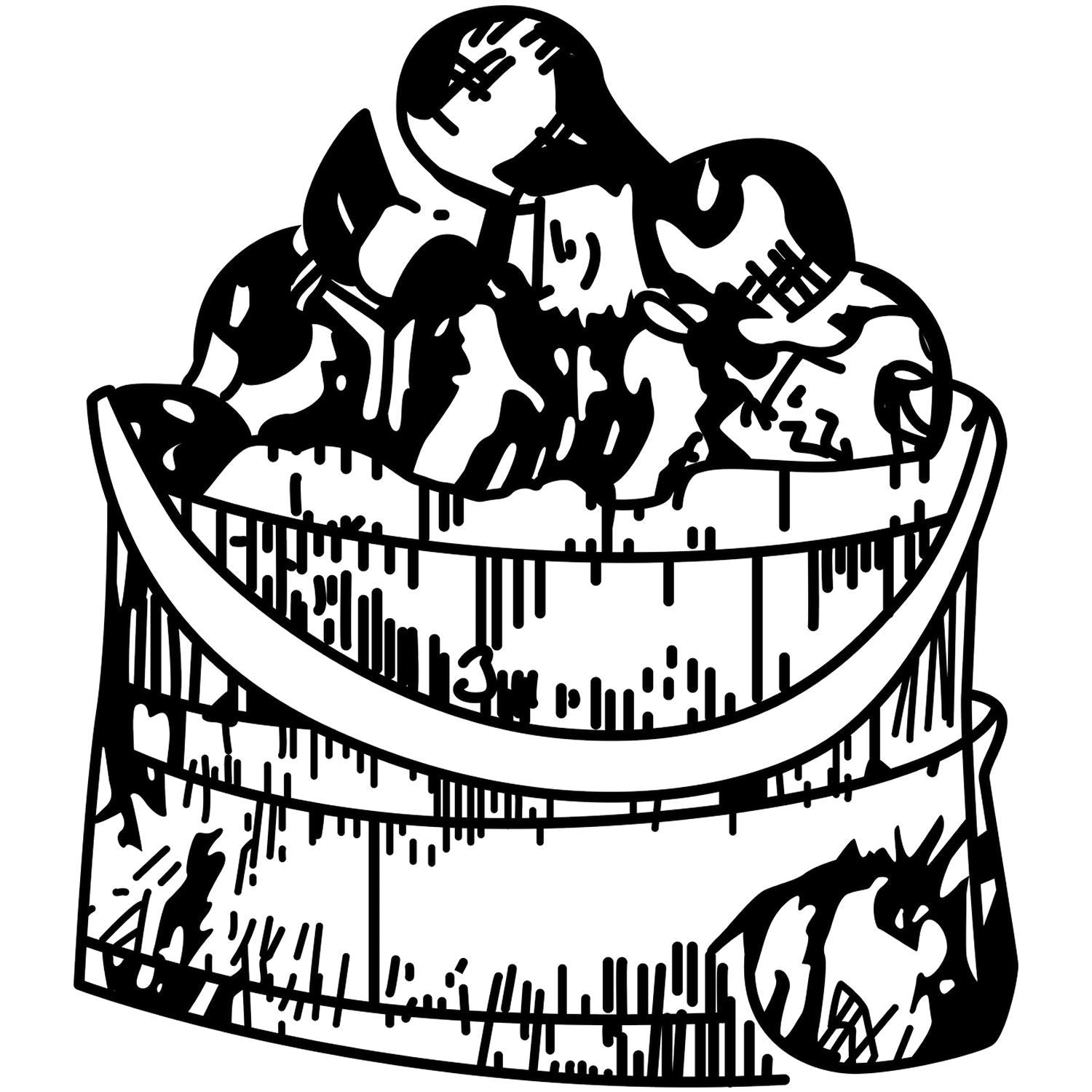 Black and white hand-drawn illustration of assorted fruit piled in a basket, simple vector clipart.