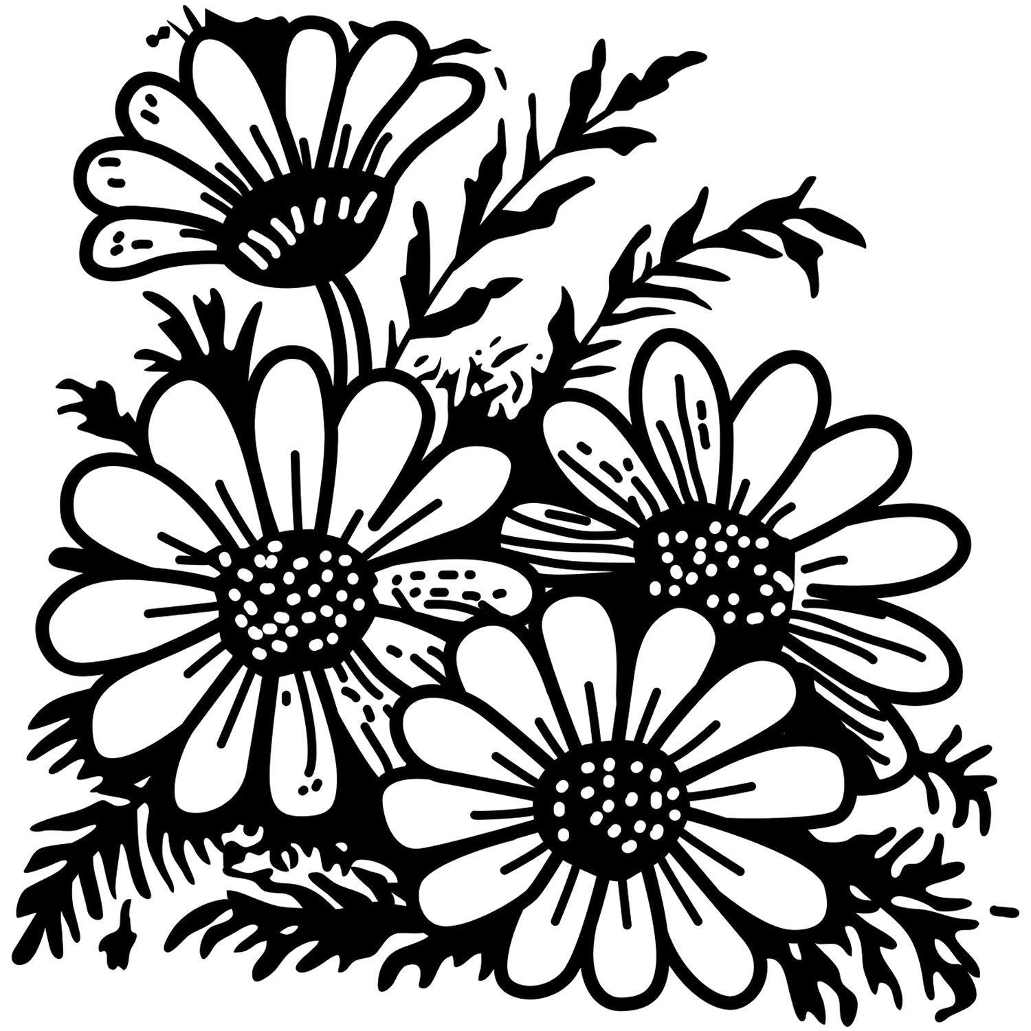 Black and white floral illustration of a daisy bouquet with bold leaves, botanical line art design.