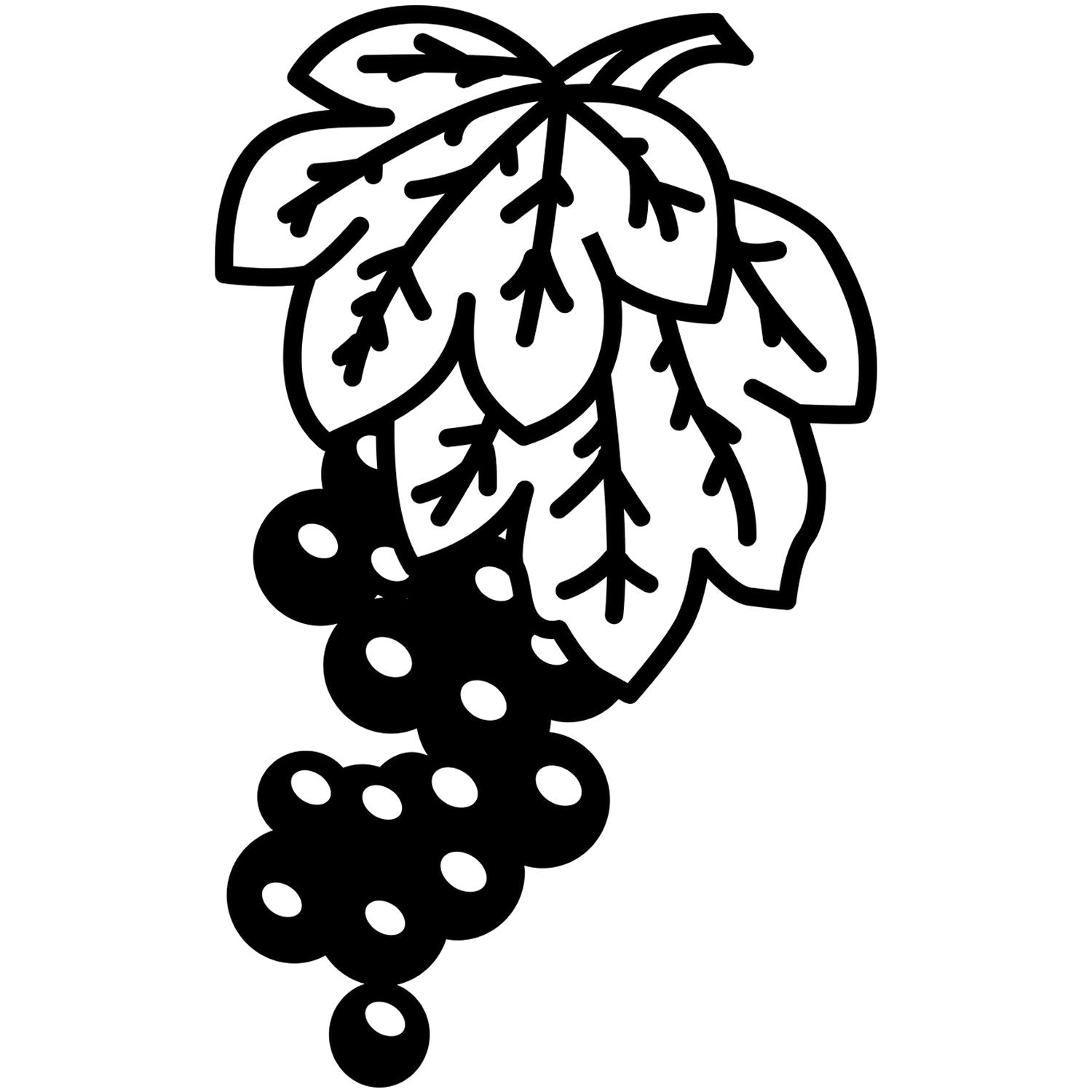 Black and white grape cluster with vine leaves, simple fruit illustration icon.