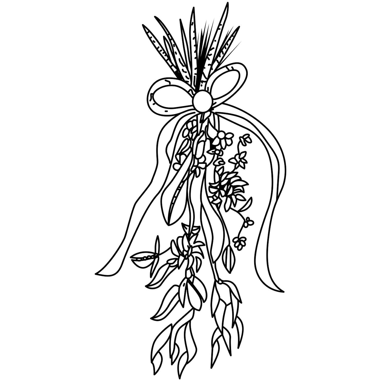 Black and white floral bow line art with hanging leaves and delicate flowers, elegant decorative botanical illustration