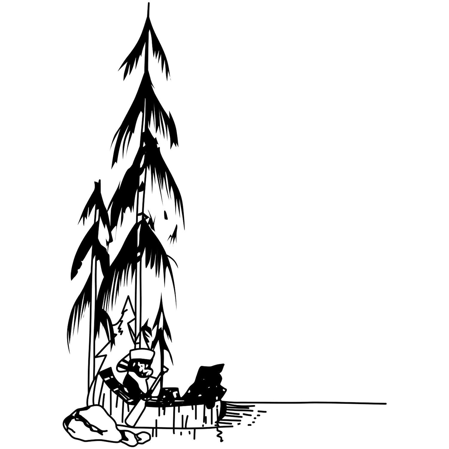 Tropical beach scene with palm trees and a person relaxing in a hammock, black silhouette illustration.