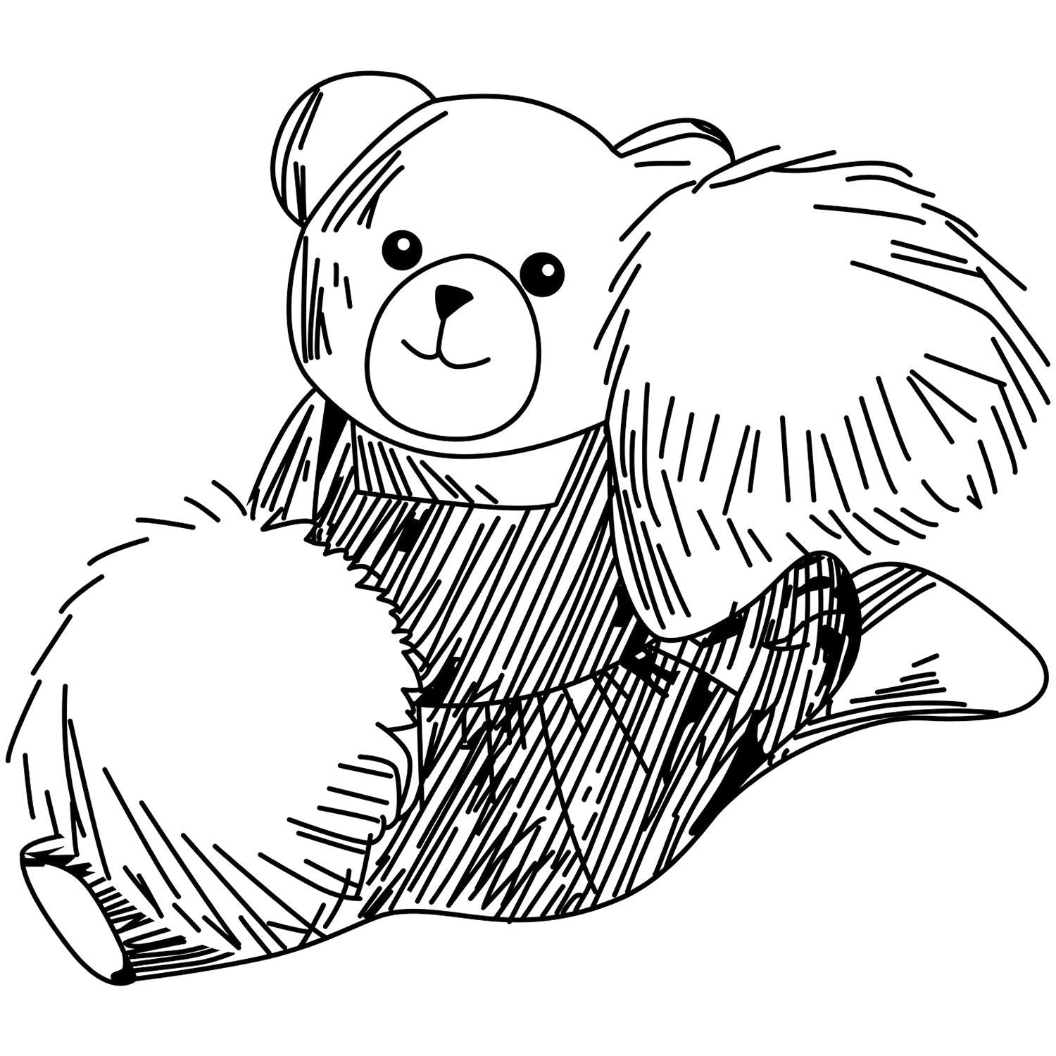 Black and white teddy bear line art illustration, cute stuffed bear coloring page style clipart.