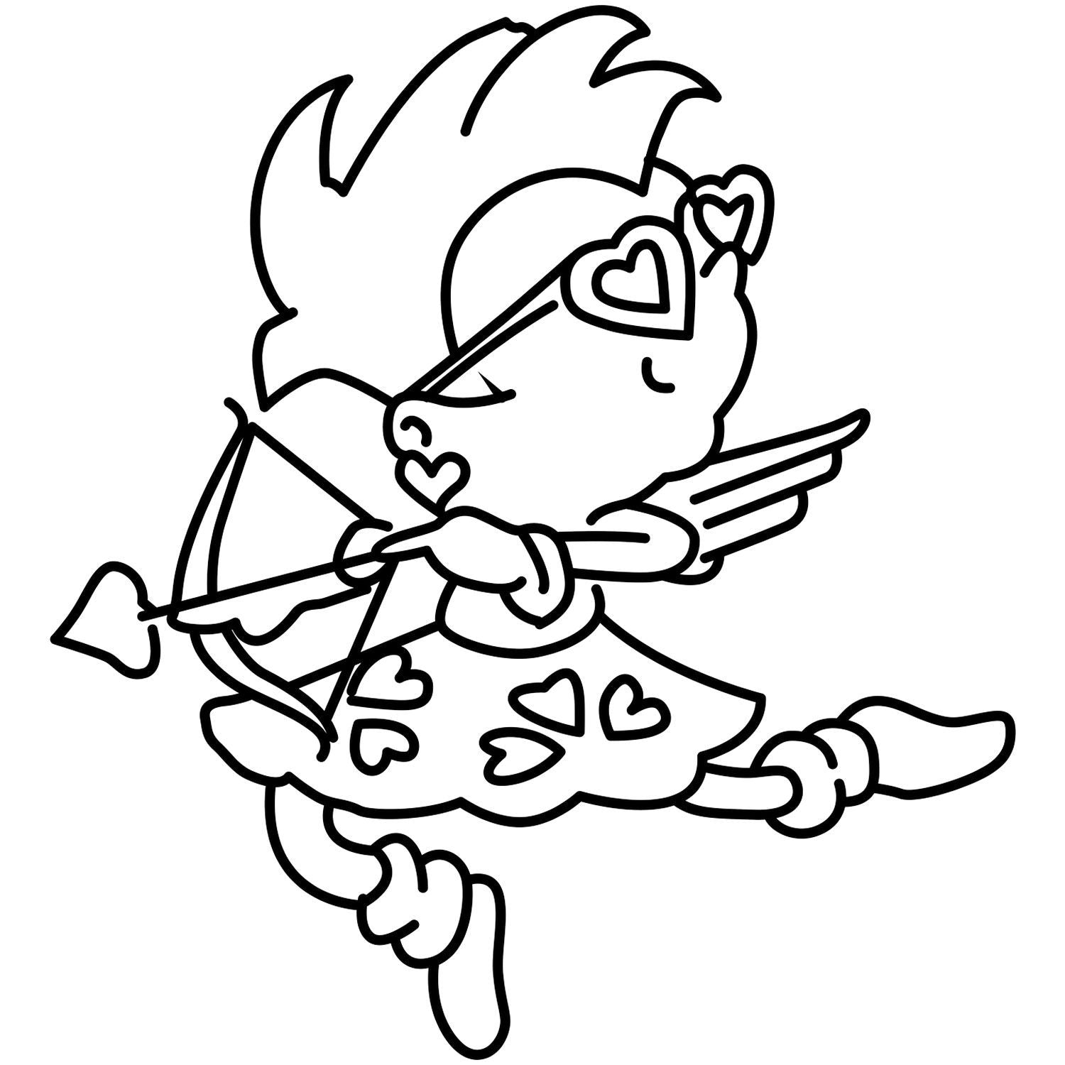 Cute cupid cartoon with bow and arrow, heart-shaped glasses, wings, and heart dress line art on a white background.