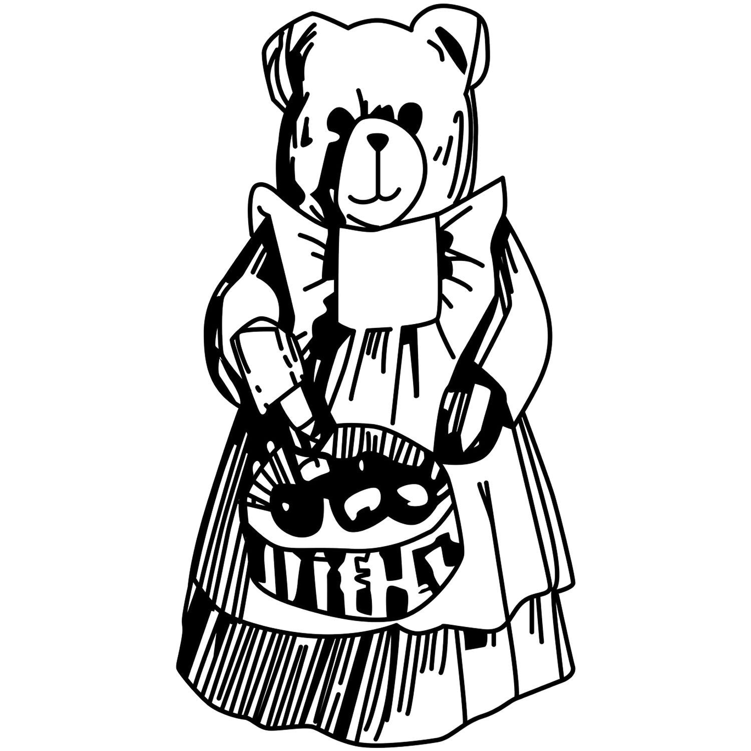Black and white teddy bear illustration reading a book, cute cartoon bear in dress line art.