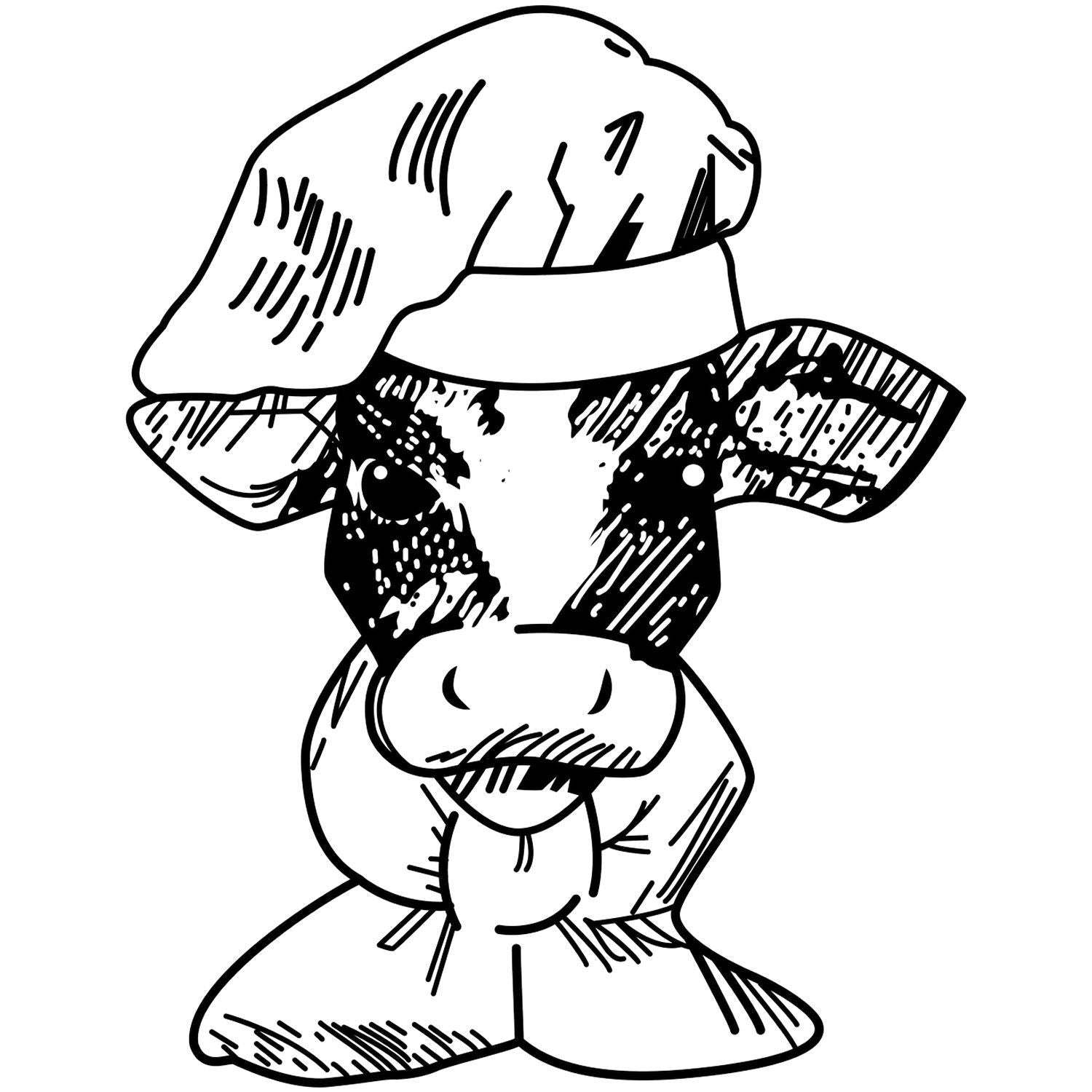 Black and white line art of a cow wearing a hat, cartoon farm animal illustration.