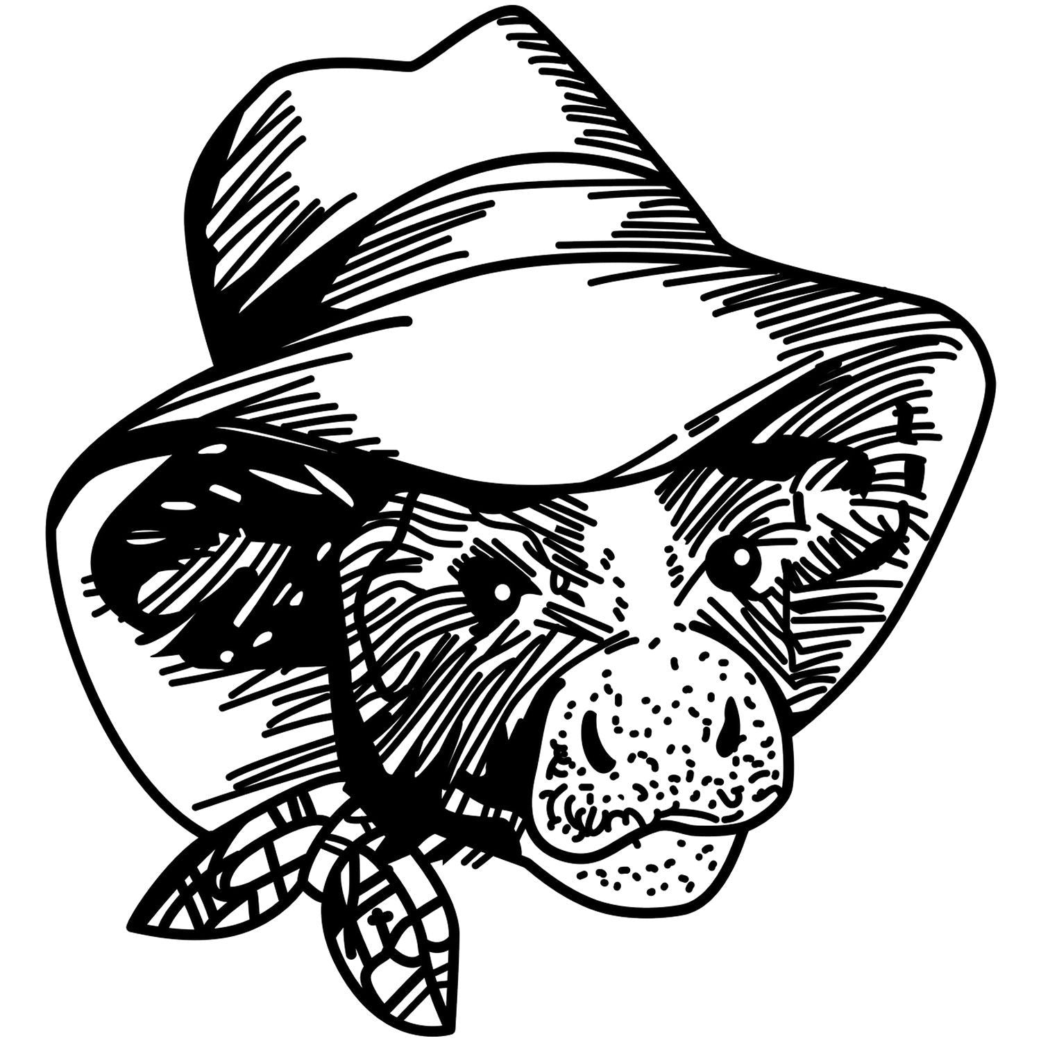 Black and white dog illustration wearing a fedora hat and bandana, vintage hand-drawn pet portrait.