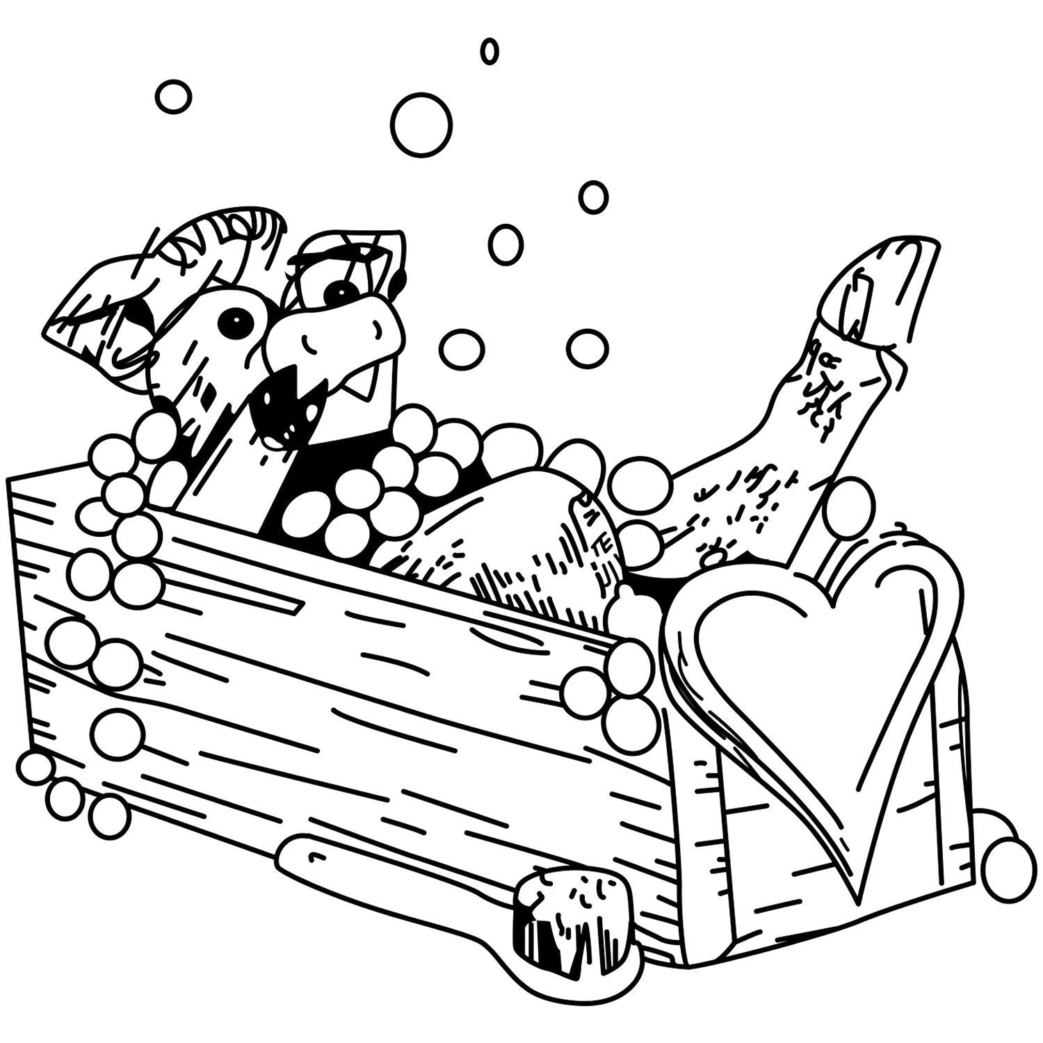 Cute dog coloring page with a puppy in a wooden crate, heart design, and floating bubbles in black and white line art.
