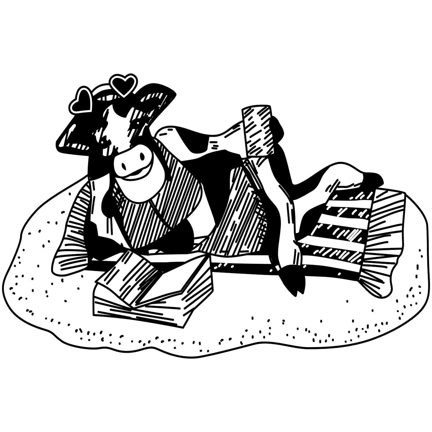 Black and white cartoon cow illustration lying on sand with hearts in doodle style.