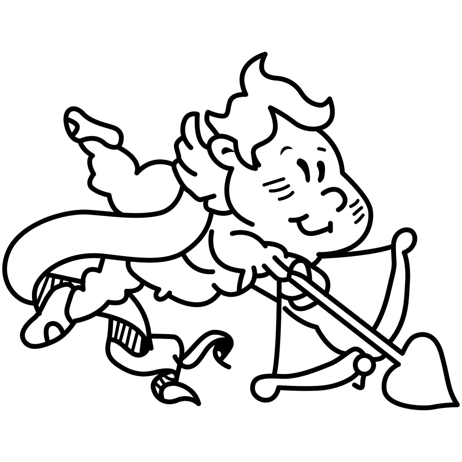 Cute black and white cartoon dragon riding a broomstick, line art coloring page illustration.