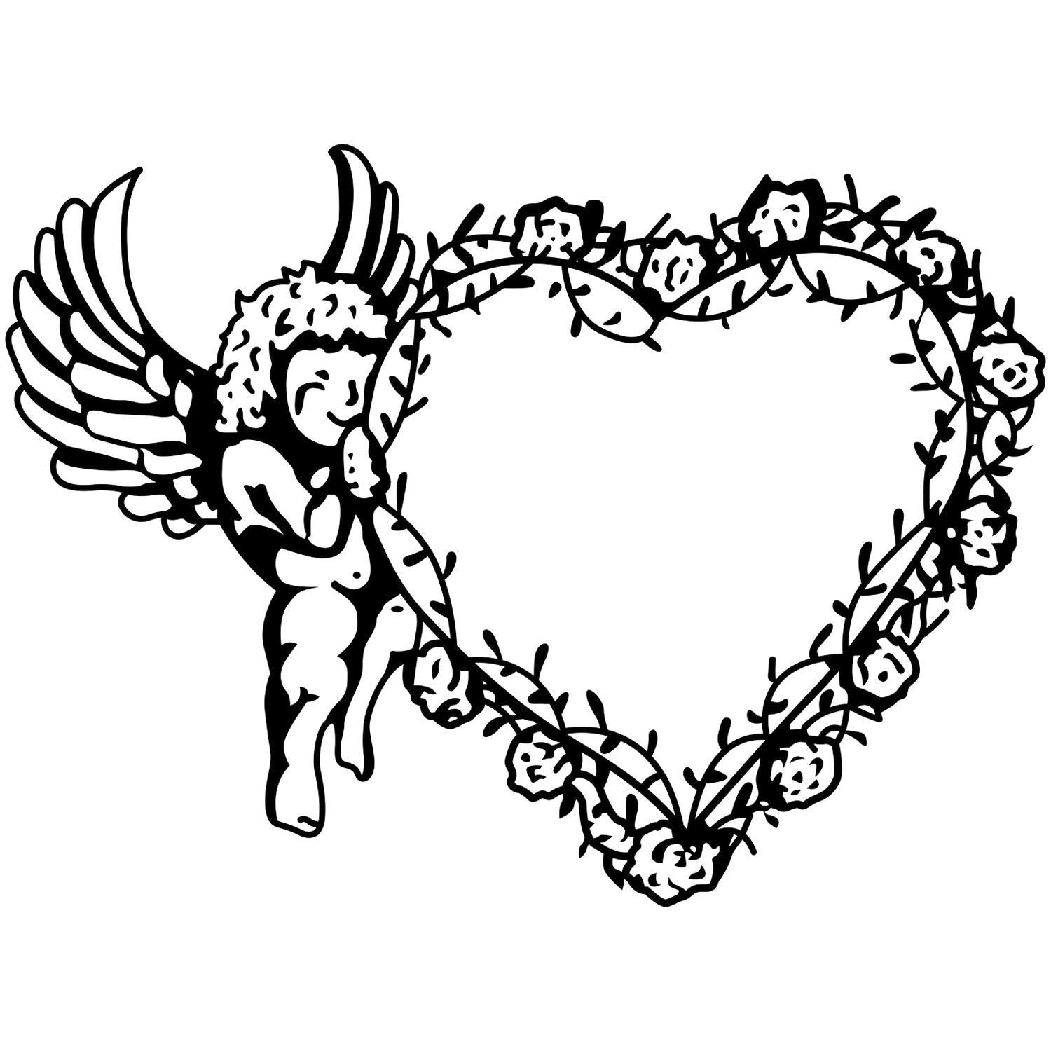 Black and white fairy with wings surrounded by a floral heart wreath outline illustration.