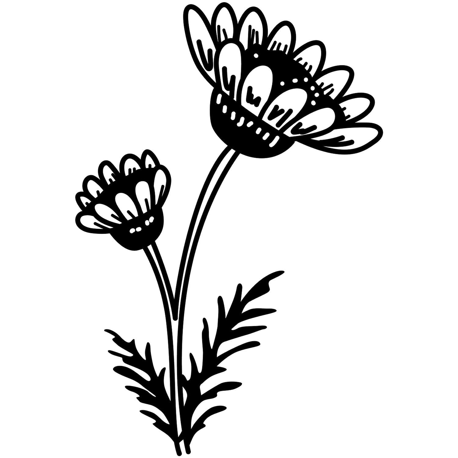Black and white floral line art illustration of two stylized flowers with leaves on a white background.