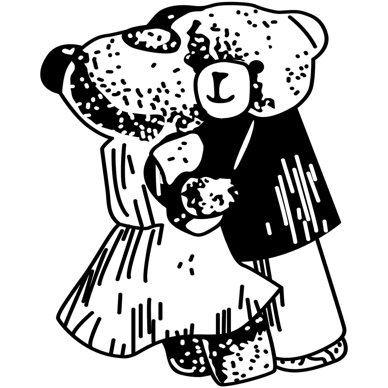 Black and white cartoon teddy bear illustration, cute spotted stuffed bear clipart with simple outline.