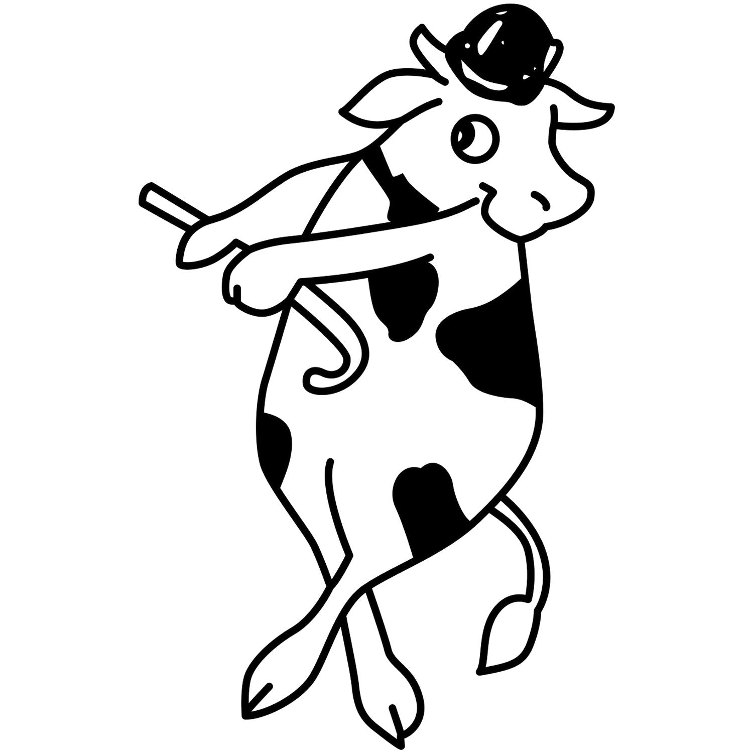Black and white cartoon cow illustration with playful pose and black spots, simple farm animal clipart icon.