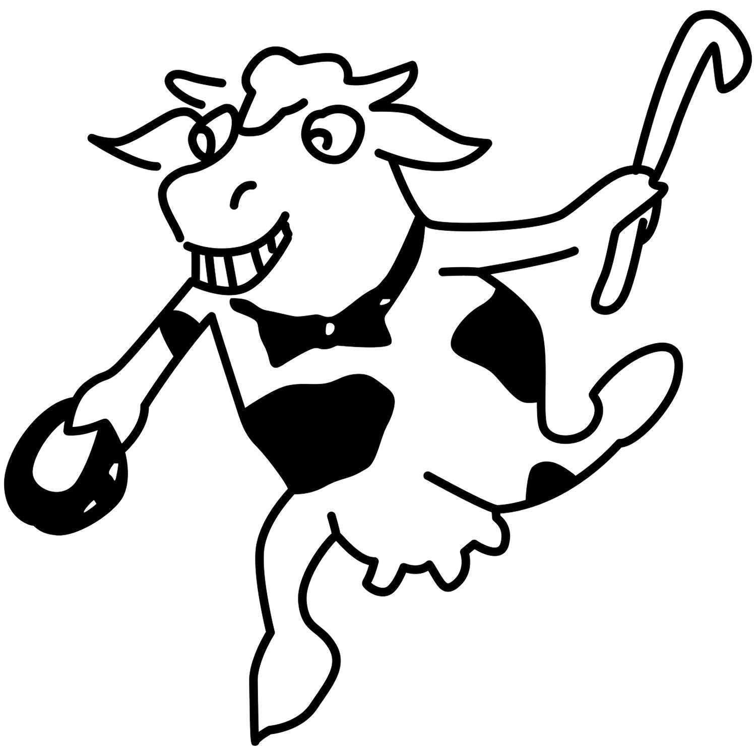 Black and white cartoon cow holding a cane, playful dancing farm animal illustration.