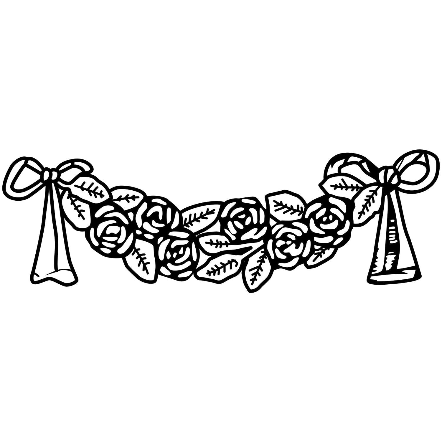 Black and white floral garland clipart with roses, leaves, and ribbon bows, elegant decorative wreath design.
