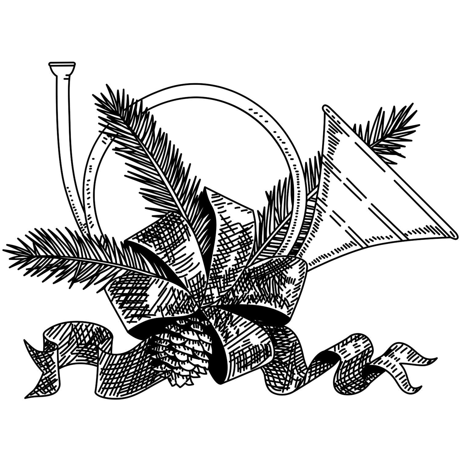 Black and white holiday wreath illustration with pine branches, ribbon banner, and vintage line art design.