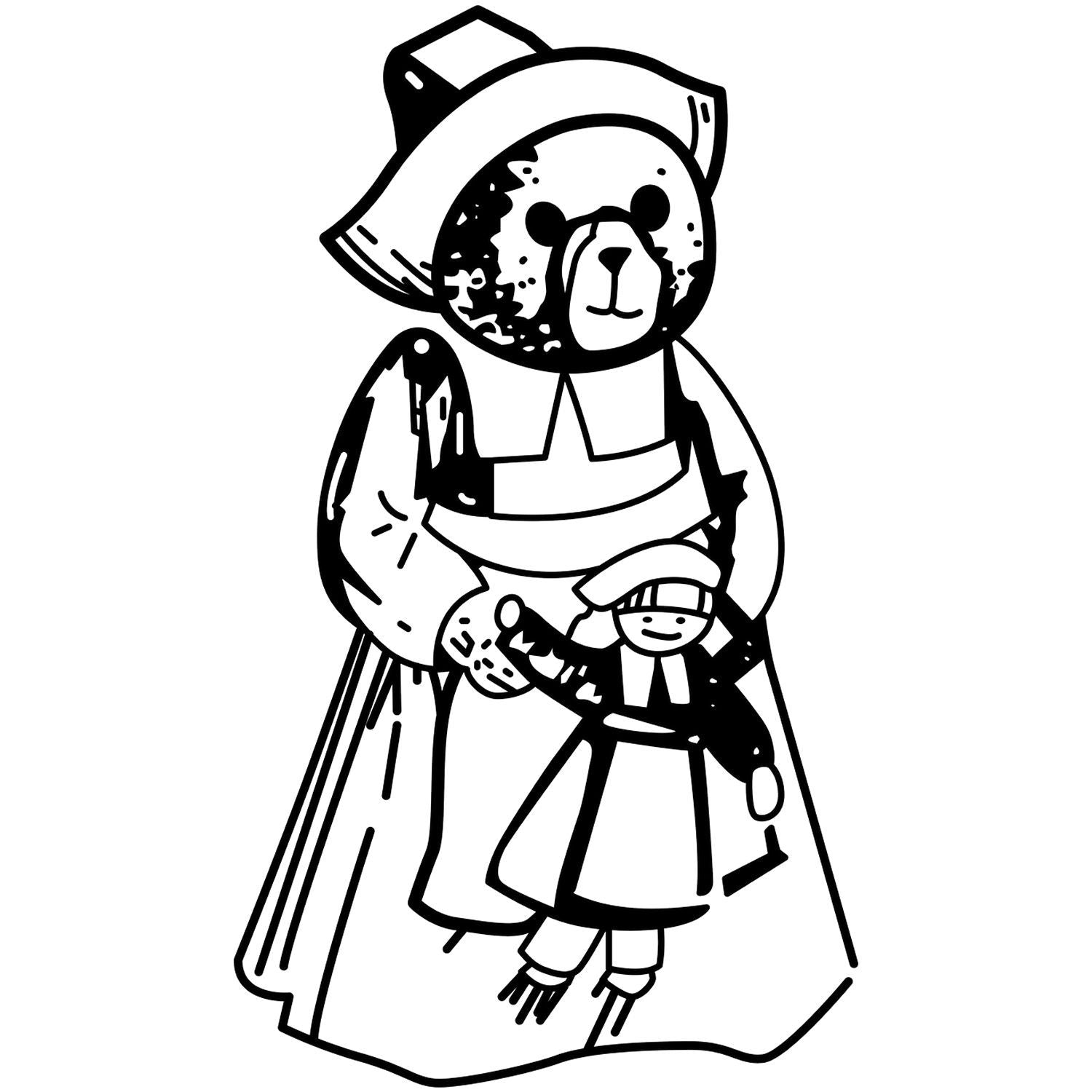 Black and white cute teddy bear illustration wearing a hat and cloak, holding a small doll in a simple line art style.